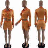 Fashion Stripe Long Sleeve Single Breasted T-Shirt Stripe Shorts Set