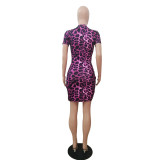 Fashion Sexy Double Zipper Short Sleeve Leopard Print Dress