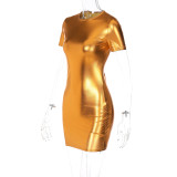 Sexy Bright Color Reflective PU Leather Slim Body Pack Hip Dress