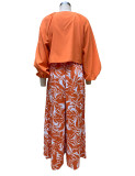 Fashion Temperament Printed Pants V-neck Top Long-sleeved Two-piece Set