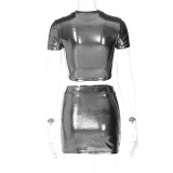 Fashion Round Neck Open Navel Short-sleeved Top Slim Skirt Suit