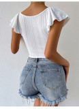 Petal Sleeve Slim Fit Elegant Knitted Bottom Shirt Short T-Shirt