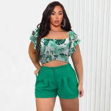 Printed Ruffled Lace-up Tank Top And High-waisted Shorts Two-piece Set