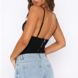 Lace And Mesh Splicing Suspenders See-through Open Back Sexy Short Top
