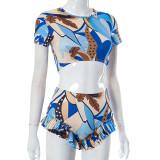 Summer Printed Navel Short-sleeved Top With Fungus Side Shorts Casual Suit