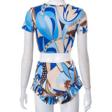 Summer Printed Navel Short-sleeved Top With Fungus Side Shorts Casual Suit