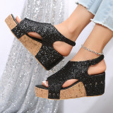 Trendy Wedge Platform Sequined Peep Toe Sandals