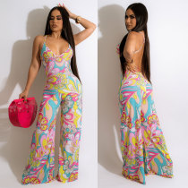Sexy Print Slim Fit Backless Jumpsuit