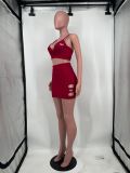 High Elasticity V-neck Reveal Waist Embroidery Short Skirt Set