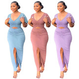 Ruffle Sleeve Navel V-neck Top Slit Package Hip Skirt Two-piece Set