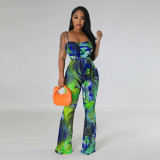 Sling Print Sexy Backless Flared Jumpsuit