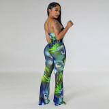 Sling Print Sexy Backless Flared Jumpsuit
