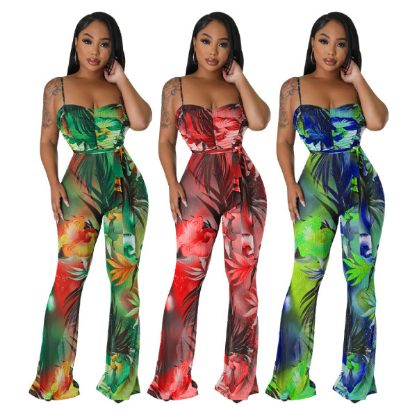 Sling Print Sexy Backless Flared Jumpsuit