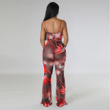 Sling Print Sexy Backless Flared Jumpsuit