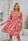 Fashion Square Neck Puff Sleeve Ruched Backless Dress