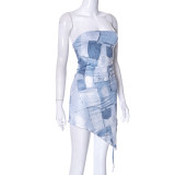 Fashion Denim Print One Shoulder Drawstring Pleated Dress with Straps