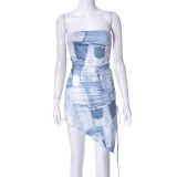 Fashion Denim Print One Shoulder Drawstring Pleated Dress with Straps