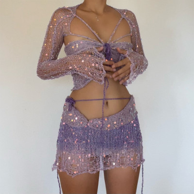 Sexy Sequined Knit Sweater Three-Piece Set