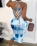 Trendy Sleeveless Denim Print Mesh Dress