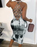 Trendy Sleeveless Denim Print Mesh Dress
