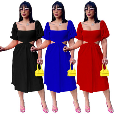 Solid Color U-neck Open-waist Lantern Short-sleeved Dress