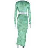 Fashion Round Neck Long Sleeve Top Printed Slim Skirt Suit