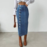 Simple Casual All-Match Slim Button Slit Denim Skirt