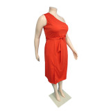 Fashion Slanted Shoulder Solid Color Slit Plus Size Dress