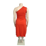 Fashion Slanted Shoulder Solid Color Slit Plus Size Dress