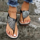 Glass Rhinestone Woven Oversized Flip Wedge Sandals