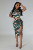 Fashion Casual Round Neck T-shirt Slit Skirt Print Camouflage Suit