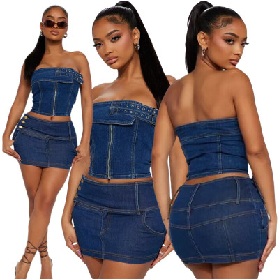 Sexy Bandeau Denim Stretch Skirt Suit