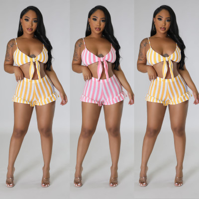 Sexy Tube Top Fashion Striped Two Piece Set