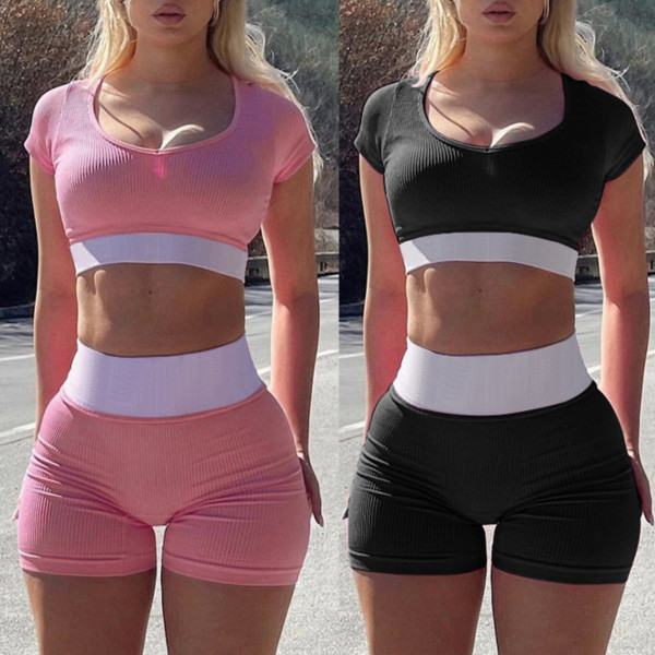 Contrasting Color U-neck Short-sleeved Shorts Sexy Navel Exposed Yoga Two-piece Set