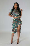 Fashion Casual Round Neck T-shirt Slit Skirt Print Camouflage Suit