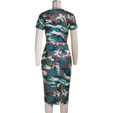 Fashion Casual Round Neck T-shirt Slit Skirt Print Camouflage Suit