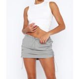 Solid Color Shirred Elastic Spring Buckle Sports Casual Pocket Tooling Skirt