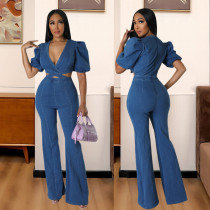 New Style Pleated Puff Sleeve Fashion Casual Denim Hollow Jumpsuit