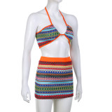 Sexy Colorful Woven Print High Waist Skirt Suit With Small Suspenders