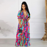 Sexy Printed Ruffled Wide-leg Tie-up High Waist V-neck Plus Size Suit