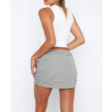 Solid Color Shirred Elastic Spring Buckle Sports Casual Pocket Tooling Skirt