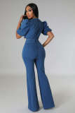 New Style Pleated Puff Sleeve Fashion Casual Denim Hollow Jumpsuit