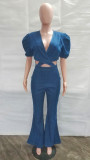 New Style Pleated Puff Sleeve Fashion Casual Denim Hollow Jumpsuit