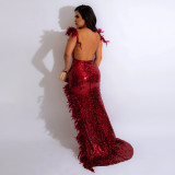 Sexy V-neck Feather Camisole High Slit Sequined Backless Dress