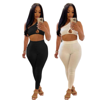 Solid Color Slanted Shoulder Hollow Vest Sports Trousers Two-piece Set