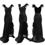 Sexy V-neck Feather Camisole High Slit Sequined Backless Dress