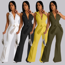 Spring And Summer Button Lapel Flared Jumpsuit (With Belt)