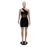 Sexy Oblique Collar Sequin Stitching Polyester Mesh Nightclub Party Bag Hip Dress