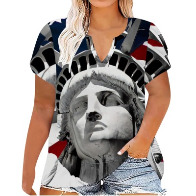 Independence Day Print Plus Size Summer Ladies V Neck T-Shirt