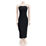 Solid Color Wrapped Breast Sleeveless Feather Maxi Dress